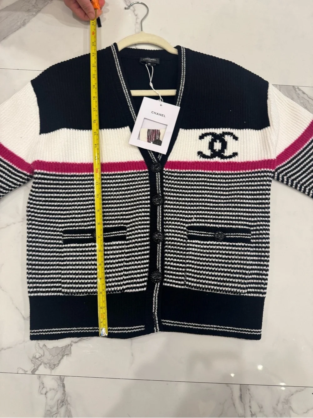 Black, White & Pink Striped Knit Cardigan With CC Logo